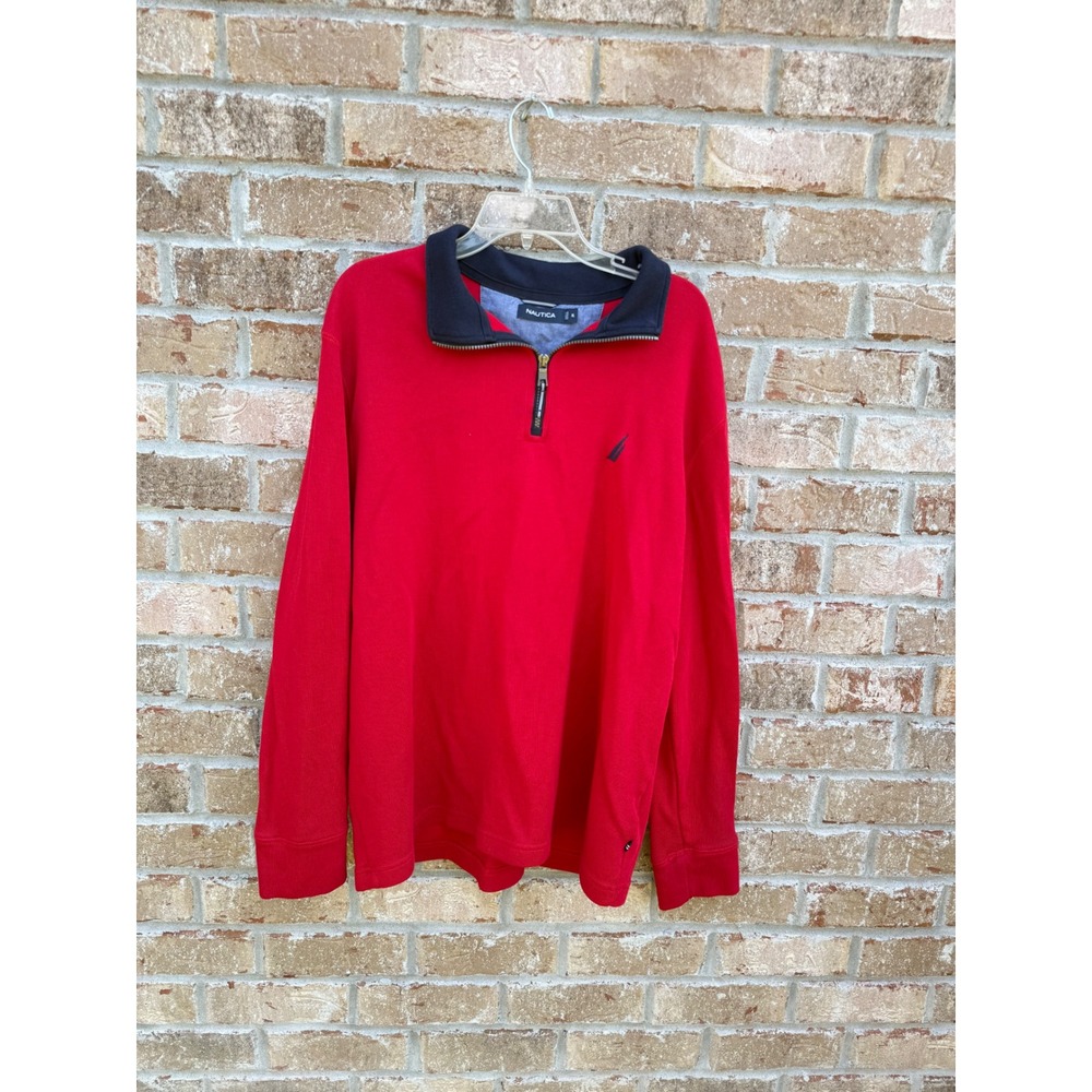 Nautica Mens XL Red Ribbed Quarter Zip Pullover Sweatshirt Navy Collar Logo
